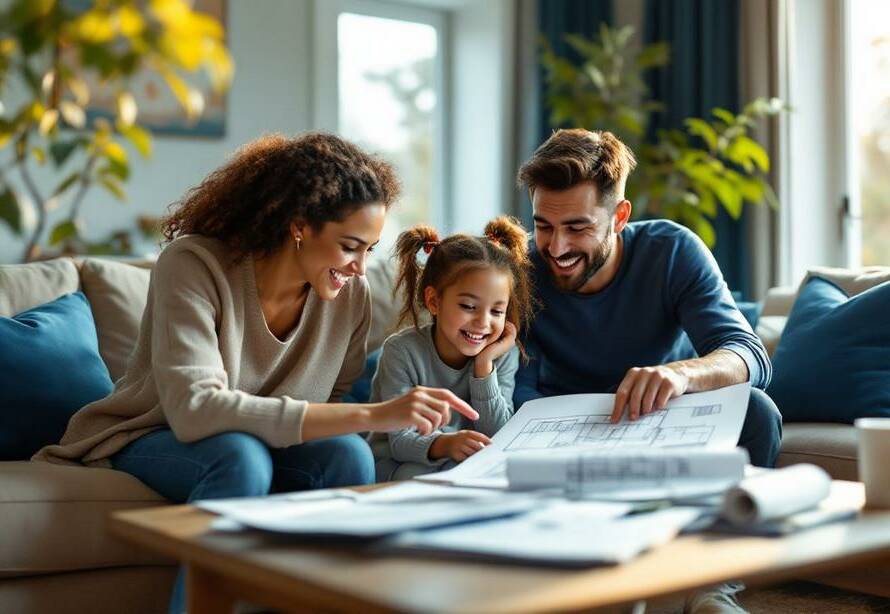 A family reviews blueprints, emphasizing budgeting for your remodel.