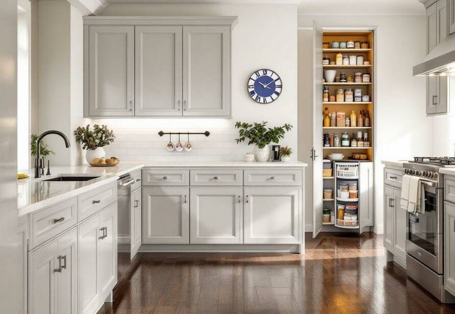 A modern pantry with pull-out shelves exemplifies kitchen storage solutions.