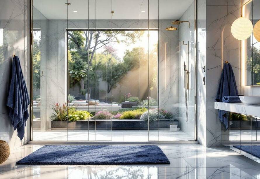 A scenic view from a modern shower illustrates the benefits of installing a walk-in shower.