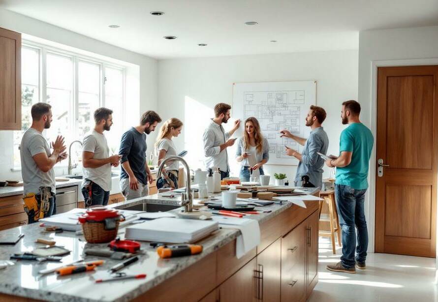 A team gathers around to discuss choosing materials for kitchen and bathroom renovation.