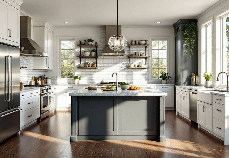 An elegant open-concept design showcases popular kitchen layouts.