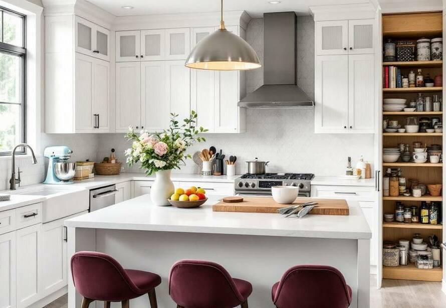 Bright interiors with a functional island inspire ideas to design a kitchen.