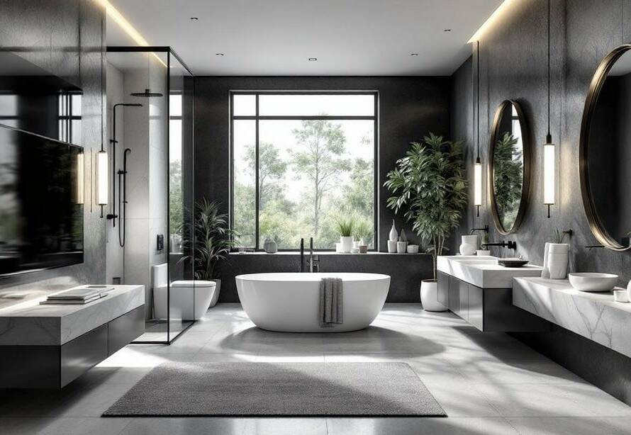 Dark tones and minimalist fixtures highlight bathroom remodeling trends.