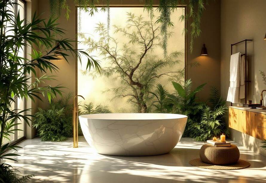 Luxurious tubs and greenery create spa-like bathrooms.