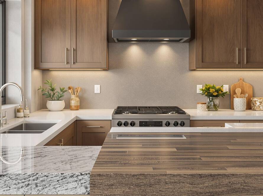 A modern kitchen featuring durable countertops, wooden cabinets, and a stylish backsplash, showcasing best materials for kitchen remodels.