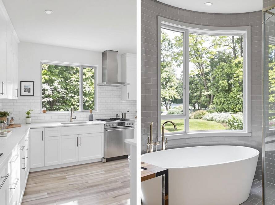 A split-screen image showing a kitchen and bathroom remodel, emphasizing how renovations increase home value.