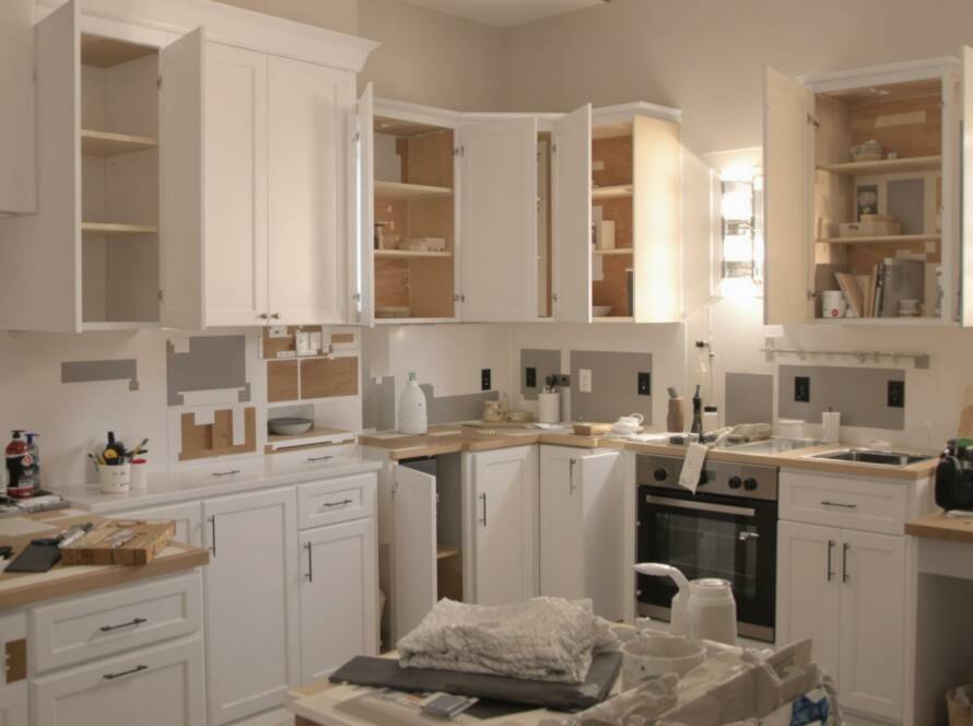 A kitchen remodel in progress, with open cabinets and construction tools, showing the step-by-step process of a kitchen renovation.