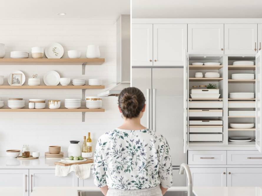 A comparison of open shelving vs. cabinets, helping homeowners decide the best kitchen storage solutions for their space.