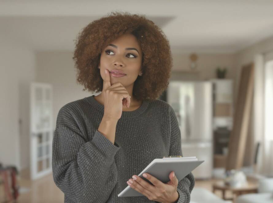 A thoughtful woman holding a clipboard, planning whether remodeling or renovation is the best choice for her home upgrades.