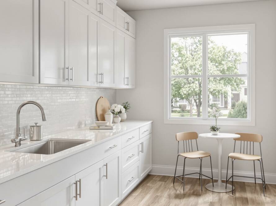 A compact, bright kitchen with clever design choices, illustrating how to make a small kitchen feel bigger.