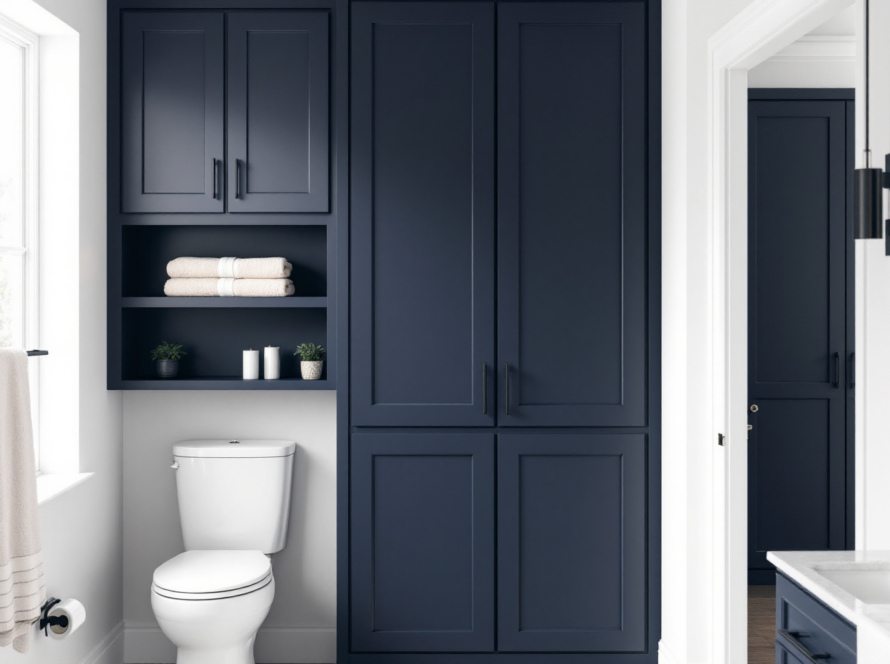 Smart bathroom cabinetry in navy blue with open shelves for towels and toiletries, maximizing storage space.