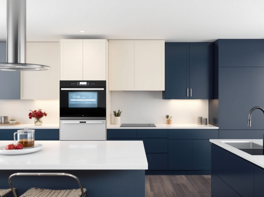 Sleek kitchen with modern two-tone cabinetry and smart built-in oven showcasing current appliance trends.