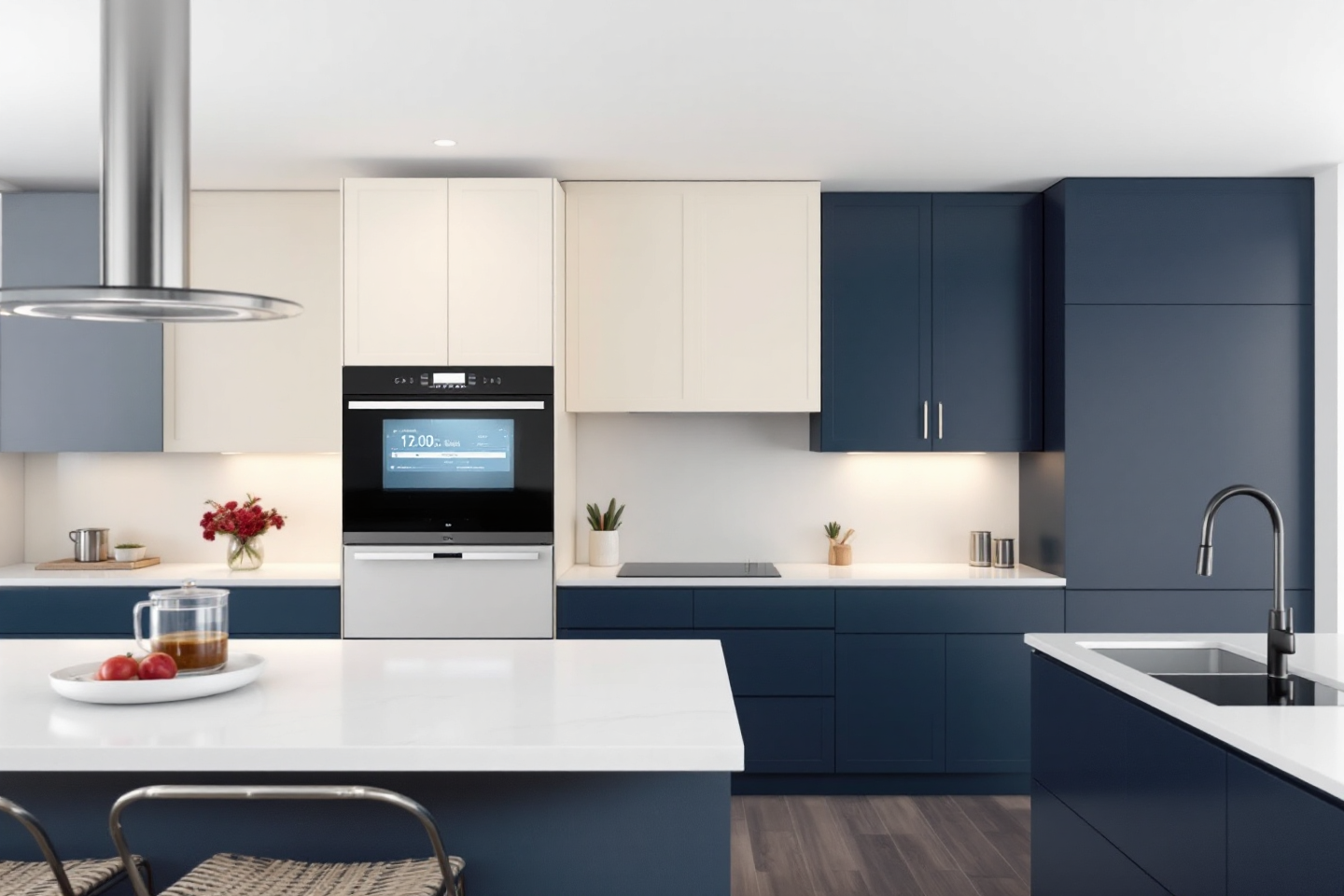 Sleek kitchen with modern two-tone cabinetry and smart built-in oven showcasing current appliance trends.