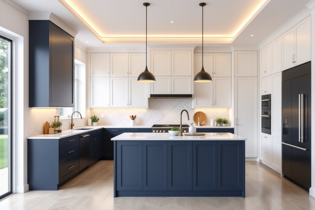  Contemporary kitchen with layered ceiling lighting and black pendant lights, blending modern and traditional styles in a sleek layout. 