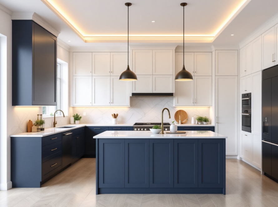 Contemporary kitchen with layered ceiling lighting and black pendant lights, blending modern and traditional styles in a sleek layout.