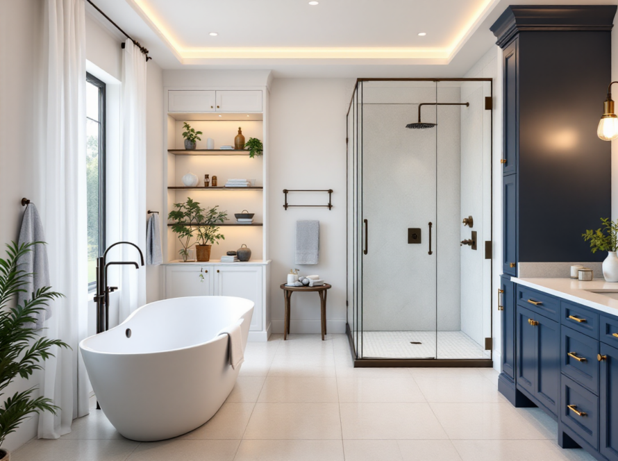 Elegant bathroom with freestanding tub, glass-enclosed shower, and navy vanity, highlighting upscale design elements.
