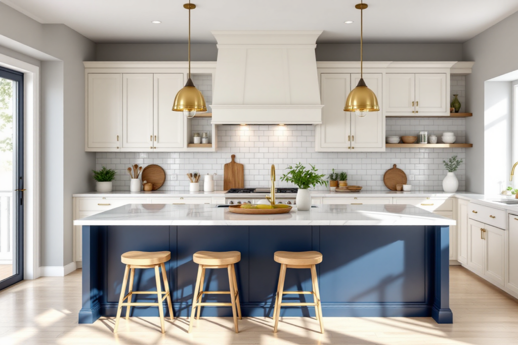 Bright kitchen with gold pendant lighting over a navy island, showcasing a refined blend of modern and traditional styles in cabinetry and decor.