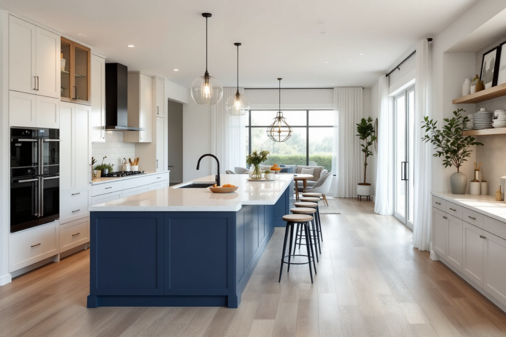 Open concept kitchen featuring clear globe pendant lighting and a spacious layout, merging modern and traditional design with navy and white cabinetry.
