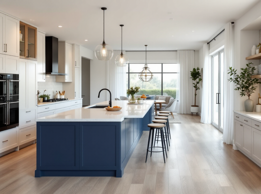 Open concept kitchen featuring clear globe pendant lighting and a spacious layout, merging modern and traditional design with navy and white cabinetry.