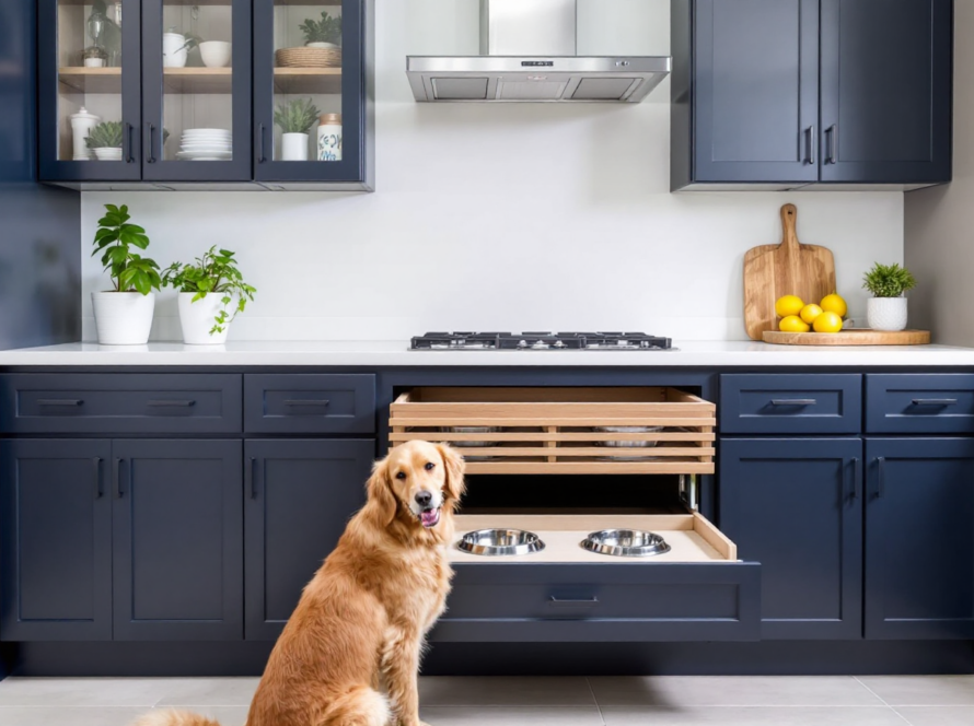 Modern kitchen with built-in dog feeding station and navy cabinetry, perfect for pet-inclusive homes.