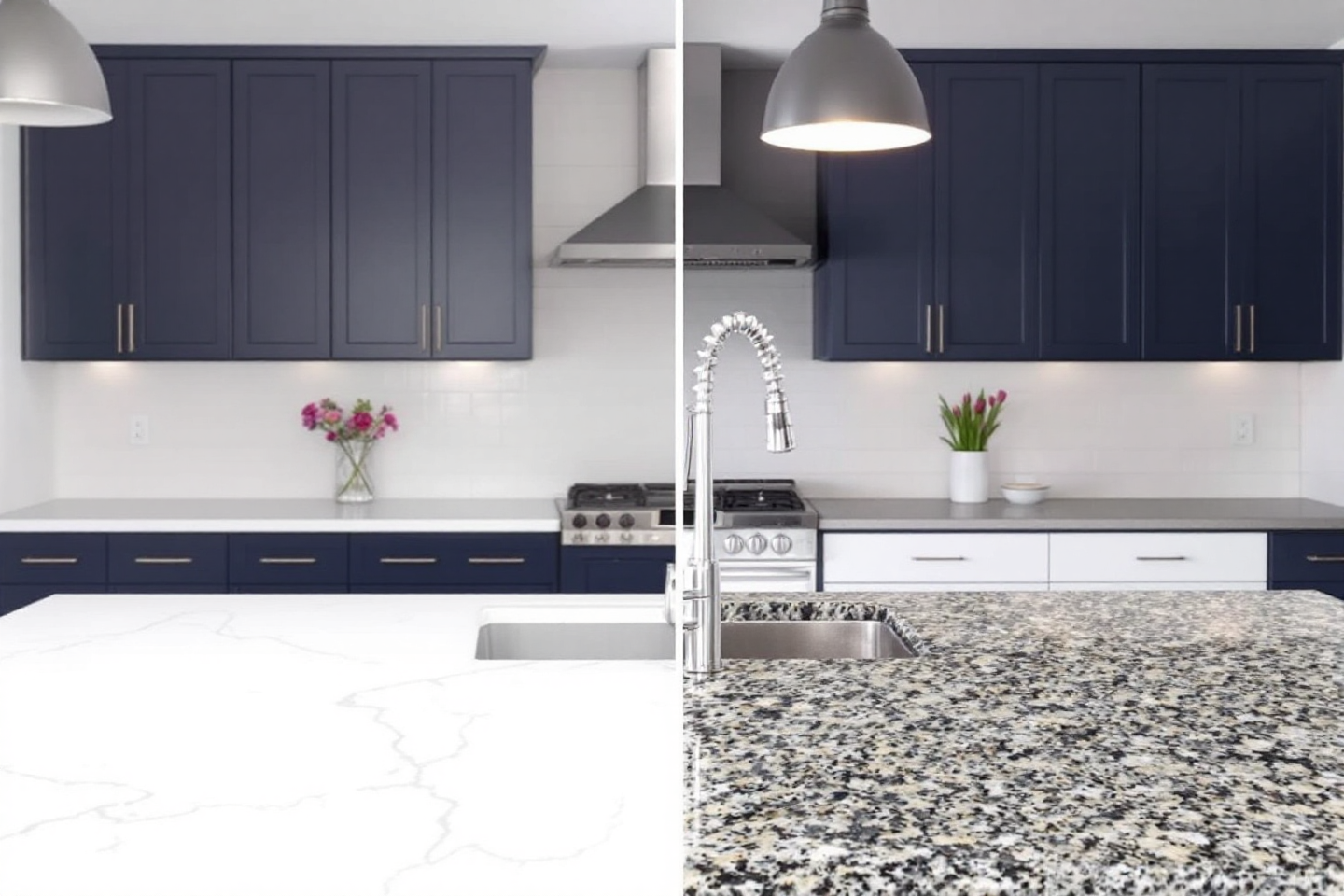 Split-view kitchen with quartz countertop on one side and granite on the other, comparing popular surface options.