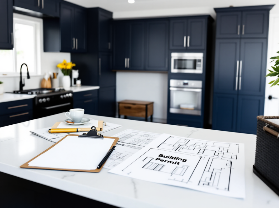 Kitchen remodel plan with permit documents and architectural blueprints spread across a countertop workspace.