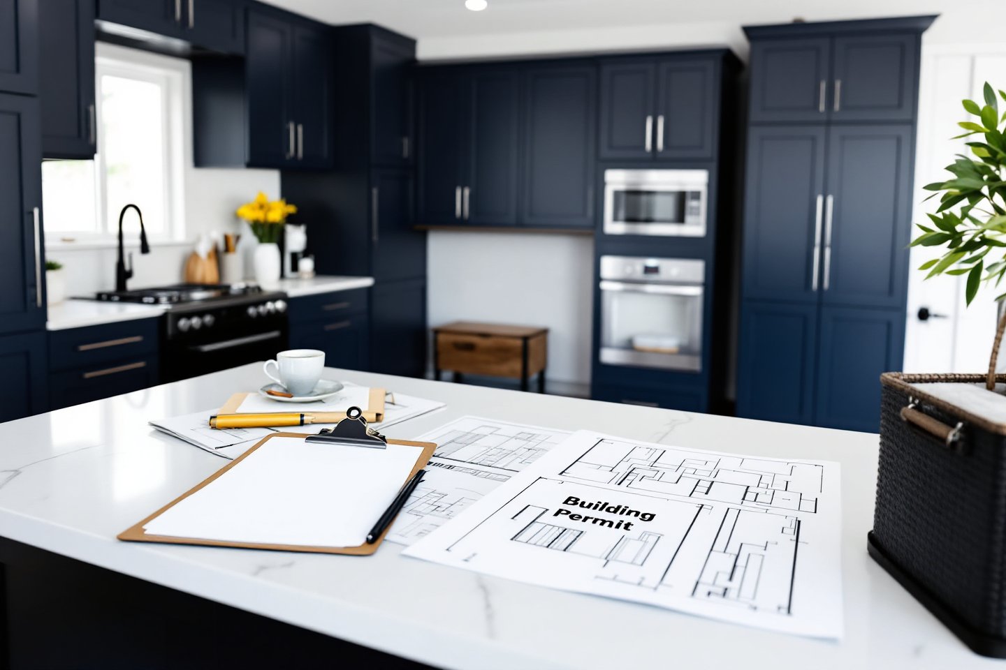 Kitchen remodel plan with permit documents and architectural blueprints spread across a countertop workspace.