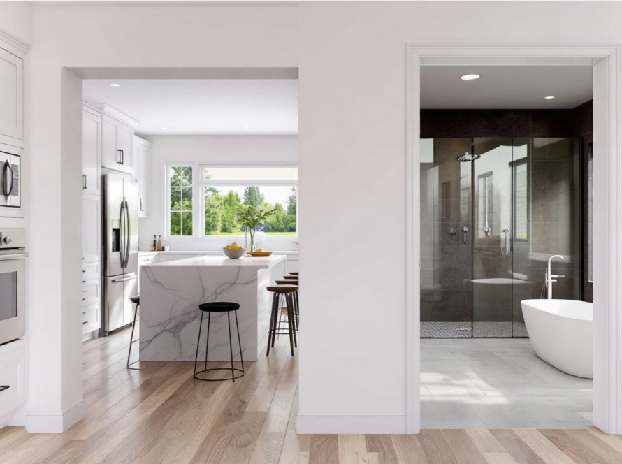 A sleek open-concept layout shows a cohesive kitchen and bathroom design, unified by neutral palettes, modern finishes, and architectural flow.