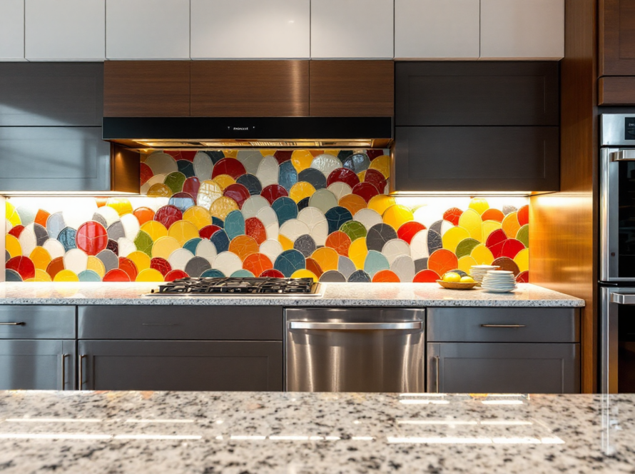 Bold kitchen design showcasing creative backsplash ideas with multicolored scallop-pattern tiles behind the stovetop.