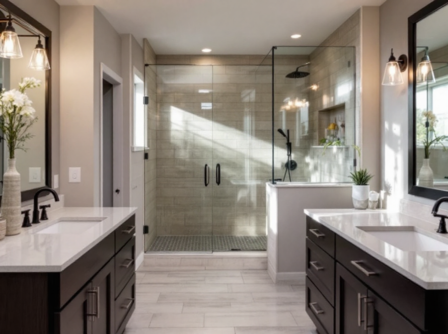 A modern, luxurious bathroom showcases kitchen and bathroom upgrades that increase resale value with high-end finishes and efficient layout.