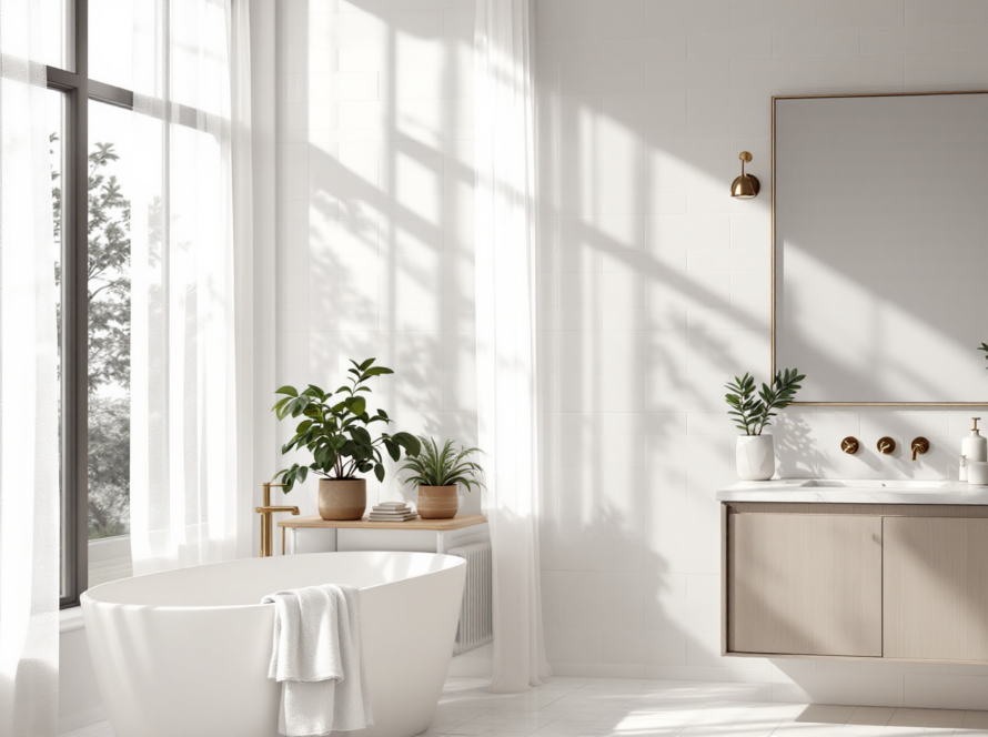 Elegant bathroom with sheer curtains, tall windows, and a freestanding tub, designed to capture maximum natural light for a serene atmosphere.