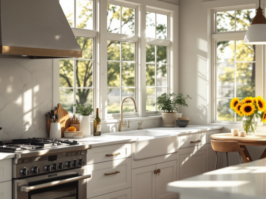 Bright kitchen filled with natural light from multiple large windows, highlighting how window placement enhances daylight in a modern cooking space.