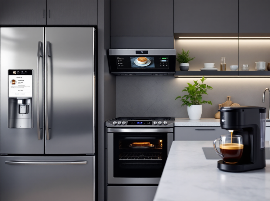 Sleek modern kitchen with smart kitchen gadgets including a smart refrigerator and touchscreen range hood.